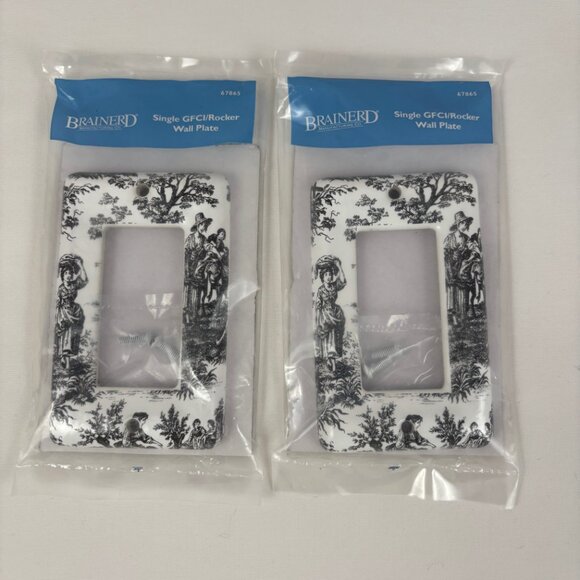 Brainerd GFCI Rocker Wall Plate Ceramic Bisque Black French Toile Set of 2 - Picture 1 of 4
